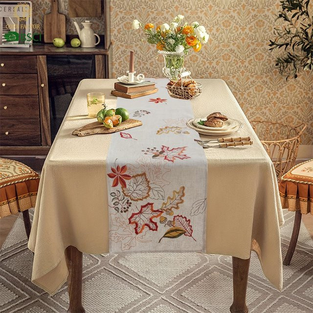 Rustikale SZ-Damai Tischdecke mit floraler Stickerei in Beige aus Leinen-Polyester-Mischung - Bild 1