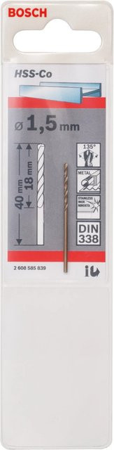 Bosch HSS-Co Metallbohrer Twist Drill in Silber, Durchmesser: 1,5 mm, Länge: 40 mm, Breite: 1,5 mm, Tiefe: 18 mm - Bild 1