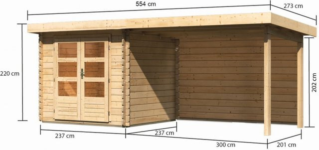 Gartenhaus Holz BASTRUP 2 in Naturbelassen mit Anbaudach und Rückwand, B/T: 237 x 237 cm, 28 mm Blockbohlen - Bild 1