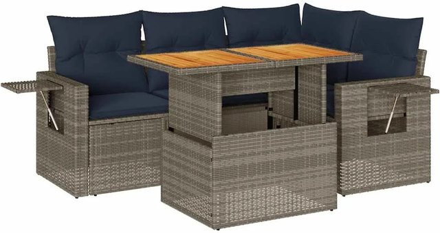 vidaXL 5-teilige Garten-Sofagarnitur in L-Form aus grauem Poly-Rattan mit Kissen und Akazienholz - Bild 1