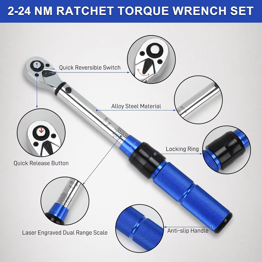 Rafford 1/4 Dual-Richtungs-Ratschen-Torsionsschlüssel-Set mit 72 Zähnen in Silber für Fahrrad und Auto, 2–24 NM, inklusive Kreuzschlitz, Sechskant und Torx - Bild 3