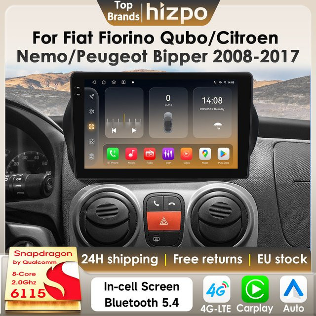 Hizpo Android 14 Autoradio mit GPS und 4G für Fiat Fiorino Qubo, Citroen Nemo und Peugeot Bipper (2008-2017), 2Din Multimedia-System mit Carplay, Schwarz - Bild 1