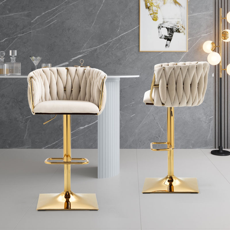 Aosom 2er Set Barhocker im Art déco Stil höhenverstellbar und drehbar mit Lehne und Fußstütze aus Samt in Elfenbeinweiß - Bild 2