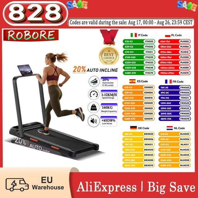 ROBORE X8F Laufband mit automatischer Steigung 0-20 Prozent, Geschwindigkeit 1-12 km/h, maximale Belastbarkeit 160 kg, Untertisch-Laufband mit 7-lagiger Laufbahn, dreifacher Stoßdämpfung und Fernbedienung, Schwarz - Bild 1