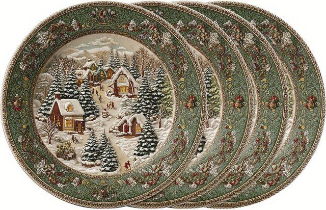 VIKAMA 4er Set Platzset Winterlandschaft mit Kiefernwald und Schneemann zur Tischdekoration - Bild 1