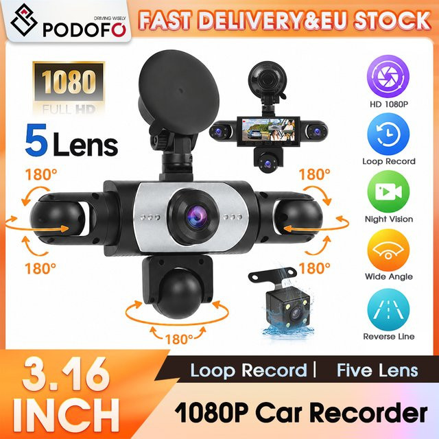 Podofo Auto-Dashcam mit 1080P Full HD und 5 HD-Linsen inklusive Innenraum- und Rückfahrkamera in Schwarz - Bild 1