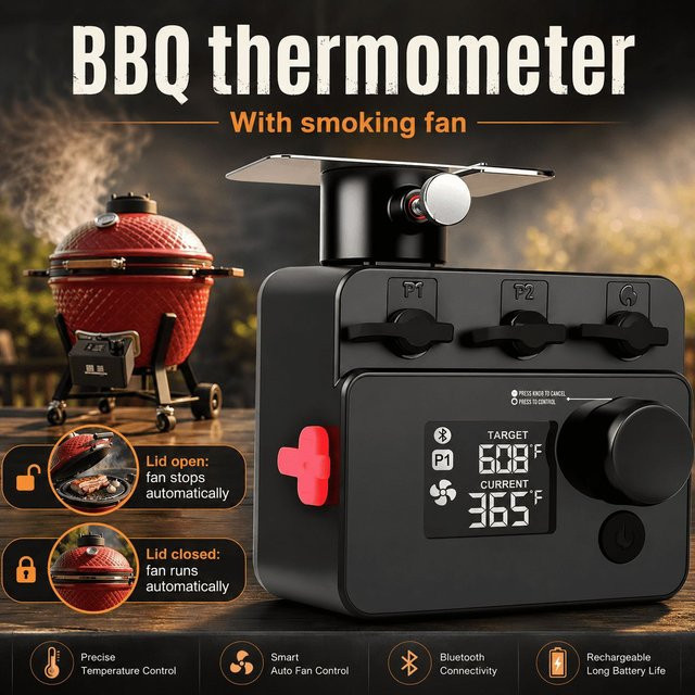 Xinsio Kabelloses Bluetooth Kamado-Ofen-Thermometer mit PID BBQ-Lüfter-Controller und digitaler Temperaturanzeige für Smoker und Rotisserie in Schwarz - Bild 1