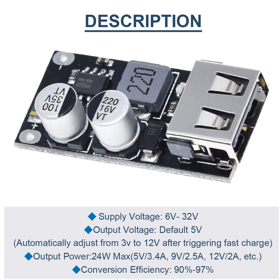 USB QC3.0 Schnelllademodul DC-DC Buck Converter Step-Down Platine mit USB-A und USB-C, Schwarz, 6-32V zu 5V 3A - Bild 2