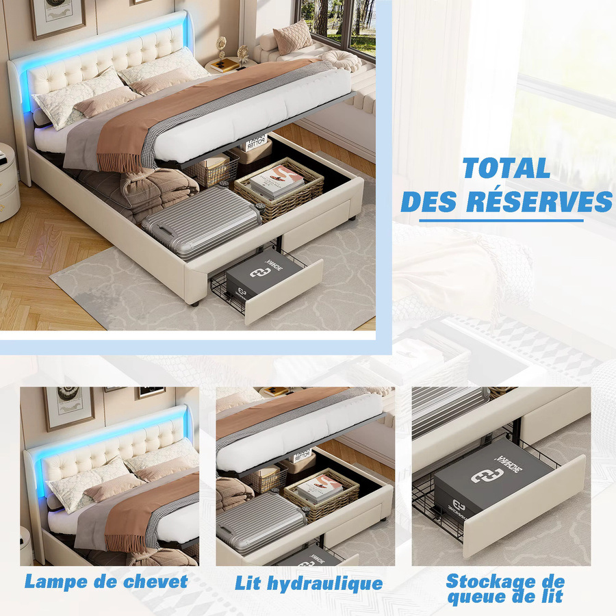 Superaly Polsterbett mit LED-Kopfteil und 2 Schubladen aus Samt in Beige, B/T: 180 x 200 cm - Bild 4