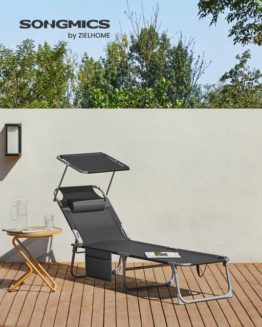 SONGMICS Gartenliege Set aus 2 Stück, klappbare Liegestühle in Schwarz mit verstellbarer Kopfstütze und Seitentasche - Bild 1