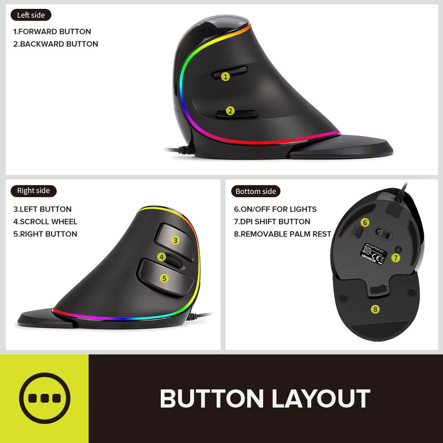Delux M618 PLUS Vertikale Gaming-Maus in Schwarz, kabellos und kabelgebunden, RGB, 6 Tasten, 4000 DPI, ergonomisches Design für die rechte Hand, ideal für PC und Laptop - Bild 3