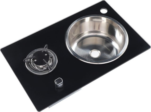 Awinner Wohnmobil-Gasherd mit 1,8 kW Hartglas-Kochfeld und rundem Edelstahl-Spülbecken in Schwarz/Silber, B: 58 cm, T: 36,5 cm - Bild 1