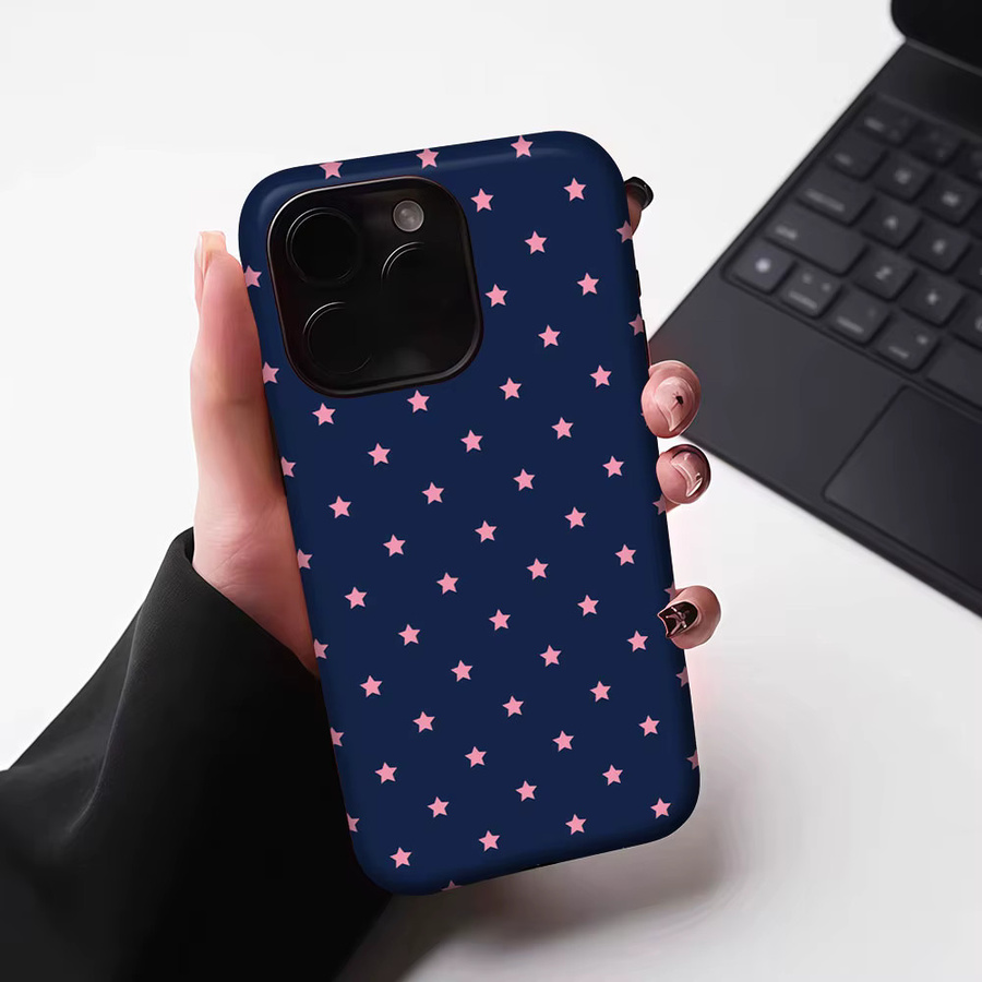 Aurbe Matte 2-in-1 MagSafe Hülle für iPhone 17 16 15 14 Plus Pro Max Stoßfeste Hartschale Marineblau mit Rosa Sternen - Bild 6