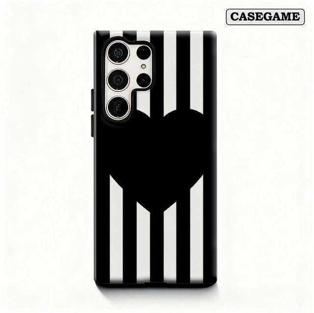 Stoßfeste doppellagige Handyhülle mit schwarz-weißem Herz-Streifen-Design für Samsung Galaxy S25 Ultra, S24 und S23 Ultra Plus - Bild 1