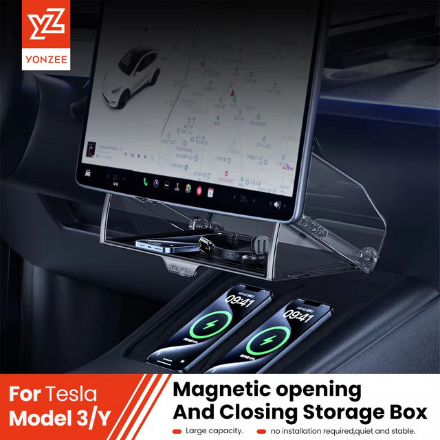 YZ Magnetische Aufbewahrungsbox für Tesla Model 3 Highland und Model Y Juniper als verstecktes Display-Tray unter dem Bildschirm - Bild 1