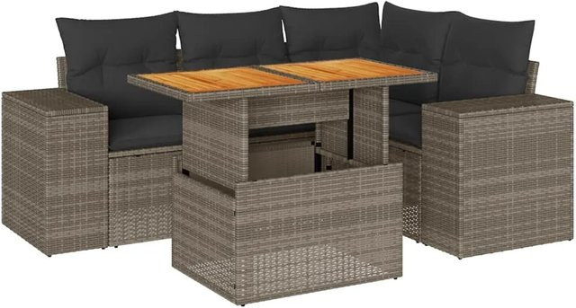 vidaXL 5-teilige Garten-Sofagarnitur aus Poly-Rattan und Akazienholz in Grau mit Kissen - Bild 1
