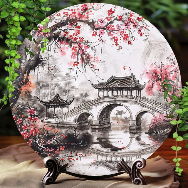 Rundes Aluminiumschild Potdemiel mit chinesischer Landschaft im Vintage-Stil, Wandkunst aus Metall, Mehrfarbig, Durchmesser: 20 cm - Bild 1