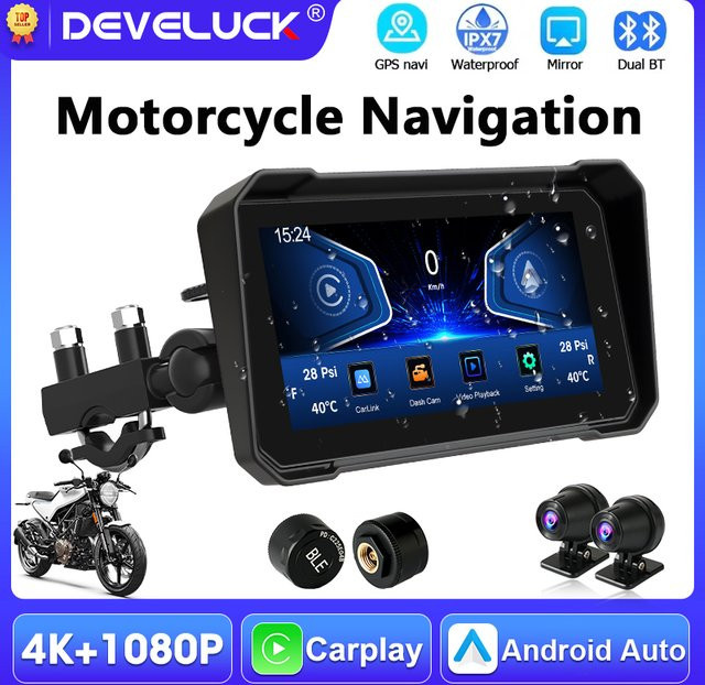 Develuck Tragbares 6,25 Zoll Motorrad-GPS-Navigationsgerät mit 4K+1080P Kamera, Drahtloses CarPlay und Android Auto, IPX7 Wasserdicht, Schwarz - Bild 1