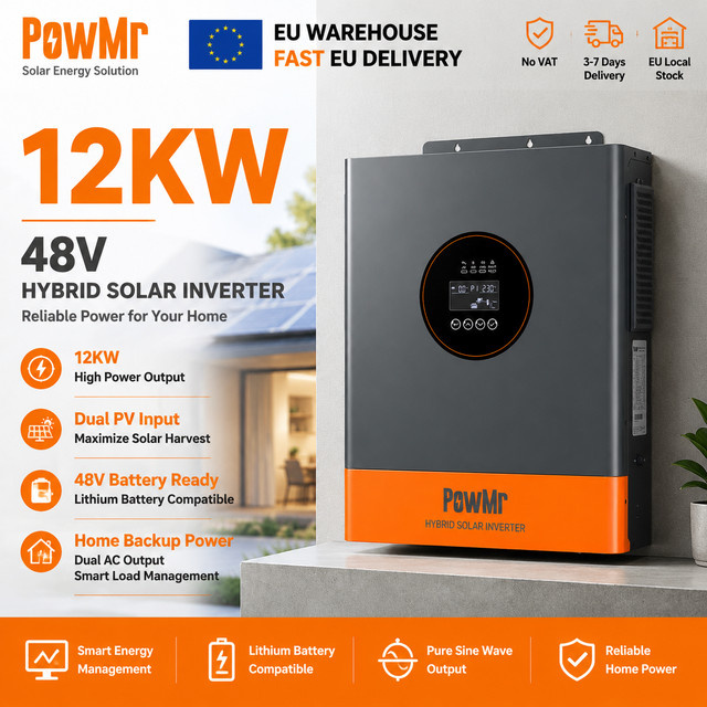 PowMr 12000W 48V Hybrid Solar Wechselrichter mit MPPT 160A Laderegler, Doppel-PV 60-450VDC, 15000W Eingang, Netzunabhängiger Sinus UPS für Blei- und Lithiumakkus - Bild 1