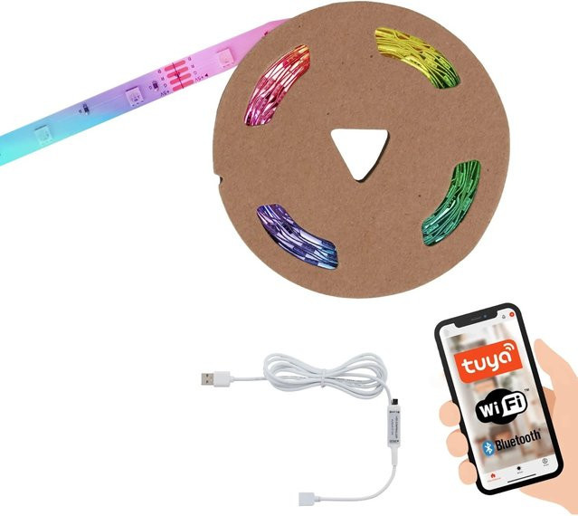 Brilo RGB LED-Strip mit WLAN und Bluetooth, 5 m Länge, USB-Anschluss, App- und Sprachsteuerung, inkl. Fernbedienung, kürzbar, Multicolour und Weiß - Bild 1