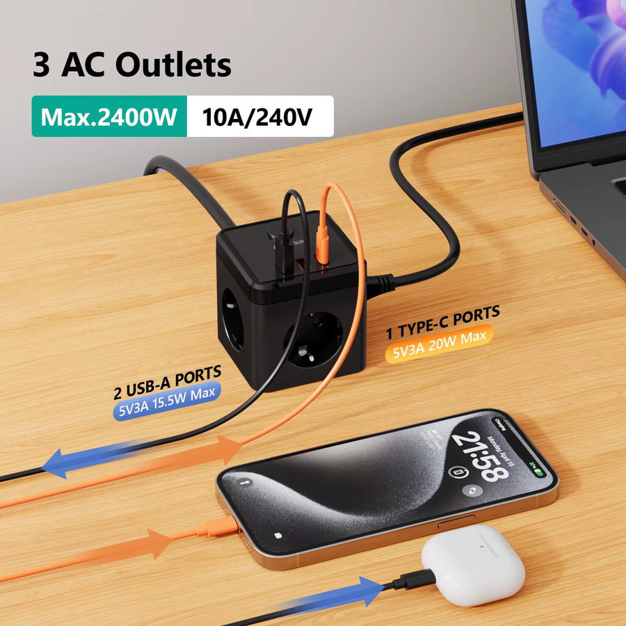 ANRMESUN 6-in-1 Steckdosenleiste in Schwarz mit 2m Verlängerungskabel, 3 AC-Steckplätze, 2 USB-Anschlüsse, 1 USB-C Anschluss mit PD 20W Schnellladung, max. 3680W (16A) - Bild 3