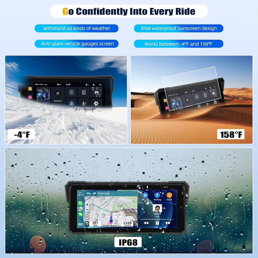 Jansite Motorrad-GPS-Navigationsgerät mit 8,1 Zoll IPS-Bildschirm, kabelloses CarPlay und Android Auto, wasserdicht nach IPX7, digitales Moto-Armaturenbrett mit TPMS, Schwarz - Bild 6