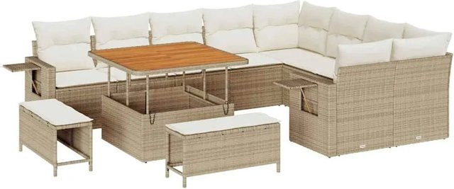 vidaXL Garten-Sofa-Set 12-teilig aus Poly-Rattan und Akazienholz in Beige mit Polsterung und Tisch in U-Form - Bild 1