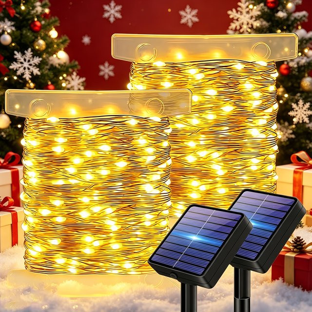 LEDOOR Solar-LED-Lichterketten 2er-Pack mit 300 LEDs und 32 m Gesamtlänge, silberfarbener Kupferdraht, RGB-Farben, 8 Modi und intelligenter Lichtsensor - Bild 1