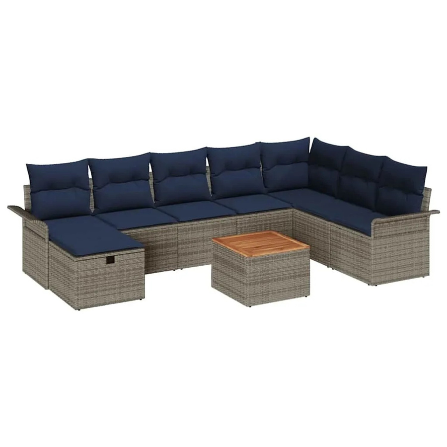 vidaXL Gartensofa-Set aus Polyrattan und Akazienholz in Grau mit 9-teiligem Polster-Set und integriertem Kissen-Stauraum - Bild 2