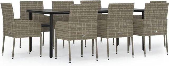vidaXL 9-teilige Garten-Essgruppe aus Poly Rattan mit Kissen in Schwarz und Grau mit Glastisch - Bild 1