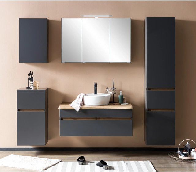 Held Möbel Waschtisch-Set Trient 2-tlg. in matt Grau-Wotaneiche mit Keramik-Aufsatzbecken und Spiegelschrank, Breite: 100 cm - Bild 1
