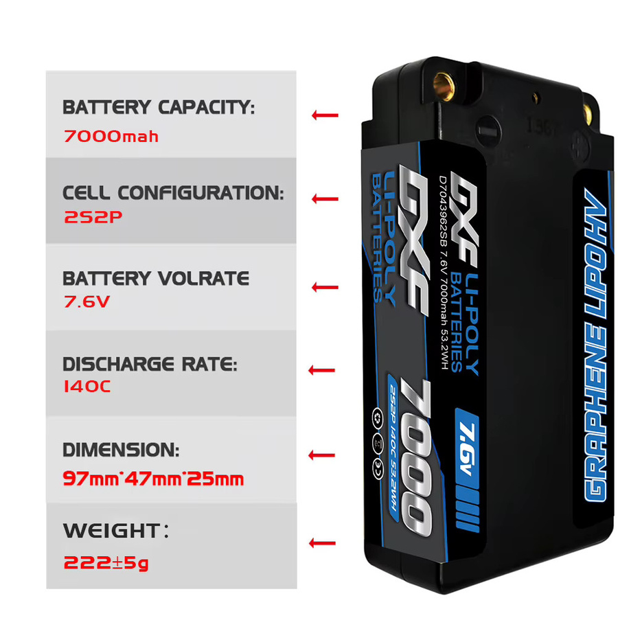 DXF 2S Shorty Lipo Akku 7,6V 140C 7000mAh 5mm T Plug Hardcase - Bild 2