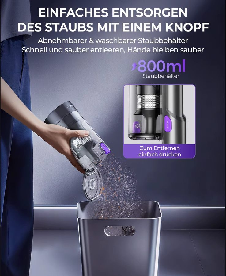 Redroad P9 Pro Kabelloser Staubsauger in Purple mit 550W Leistung, 55KPA Saugkraft für Tierhaare und 70 Minuten Laufzeit - Bild 5