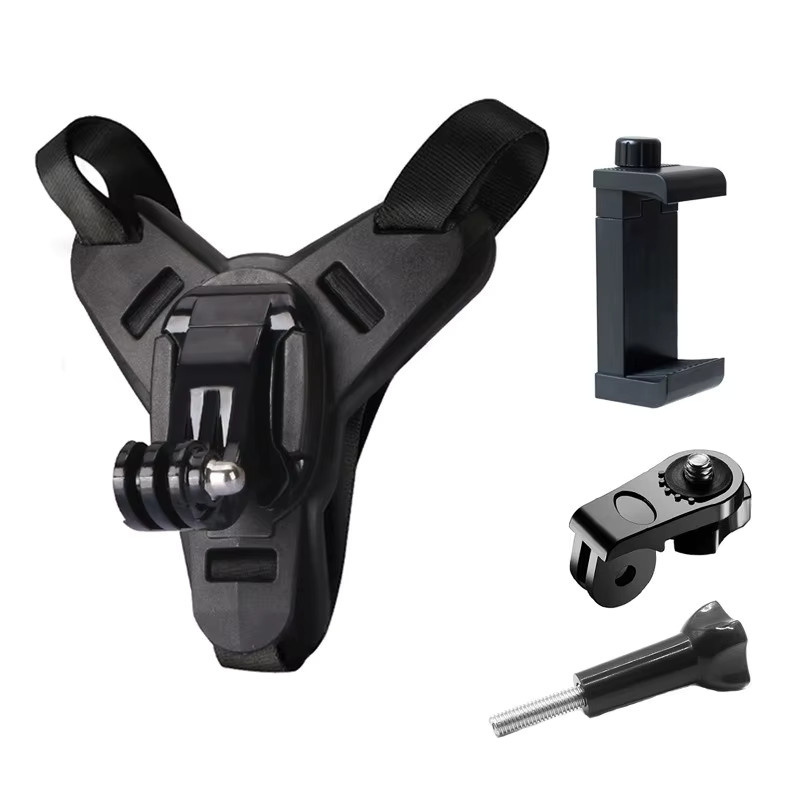 Lousxy Motorradhelm Kinnriemenhalterung mit Telefonclip für iPhone Samsung Huawei und Action Kameras in Schwarz - Bild 1