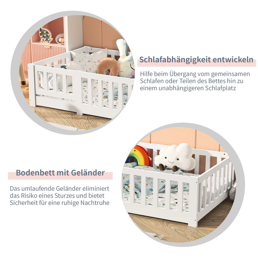 Fangange Kinderbettgestell aus Massivholz mit Sicherheitsgeländern und abnehmbarem Seitengitter, Weiß, B/T/H: 200 x 90 x 100 cm (ohne Matratze) - Bild 2