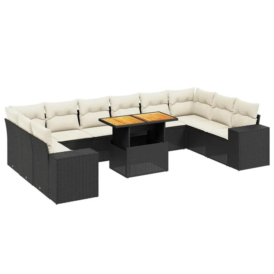 vidaXL 11-teilige Garten-Sofagarnitur in L-Form aus Polyrattan und Akazienholz mit Kissen in Schwarz-Creme - Bild 2