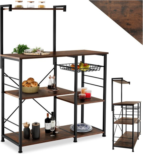 tectake Küchenregal Crawley Industrial Style aus Stahl und Holzelementen mit 6 Ablagen und ausziehbarem Gitterkorb, Schwarz/Braun, B/T/H: 90 x 40 x 131,5 cm - Bild 1