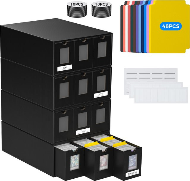 Rbefeuly Sammelkarten-Aufbewahrungsbox in Schwarz für über 12000 Karten mit 48 Trennwänden, Etiketten und Klebeband für TCG, MTG und PTCG - Bild 1
