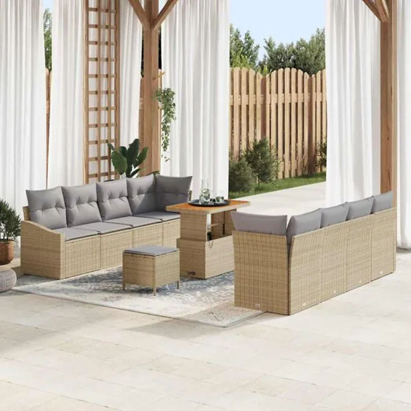 Vidaxl Garten-Sofa-Set aus 11 Teilen in Beige und Grau, modernes Polyrattan-Loungemöbel mit Akazienholz und Stahl, B/T/H: 90 x 55 x 71 cm - Bild 1