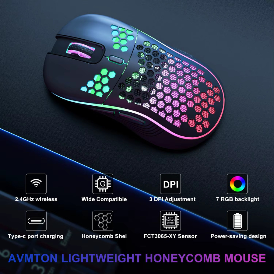 Konouyouko Drahtlose Gaming-Maus mit Waben-Design, RGB-Hintergrundbeleuchtung, wiederaufladbar und einstellbarem DPI, USB-Empfänger, Schwarz oder Weiß - Bild 2
