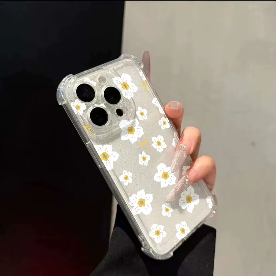Transparente Silikon-Handyhülle mit Blumenmuster und Glitzer-Effekt für Apple iPhone 17, 16, 15, 14, 13, 12, 11 Pro Max, stoßfestes Softcover - Bild 3