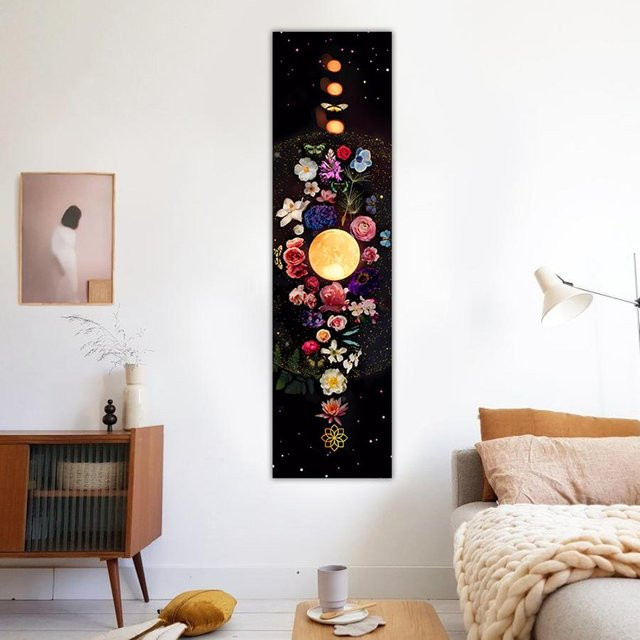 A BRIGHT RAINBOW Wandteppich mit Mondphasen, Sternen und Blumen in Schwarz im Boho-Stil, Breite: 150 cm, Höhe: 40 cm - Bild 1