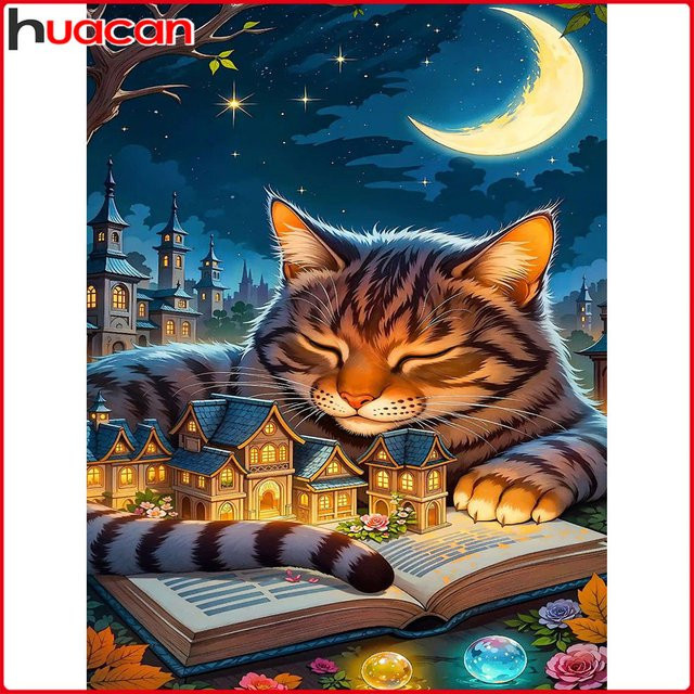 Huacan Diamantgemälde Katzenhaus und Mond als Tierlandschaft Diamantmosaik in Mehrfarbig - Bild 1
