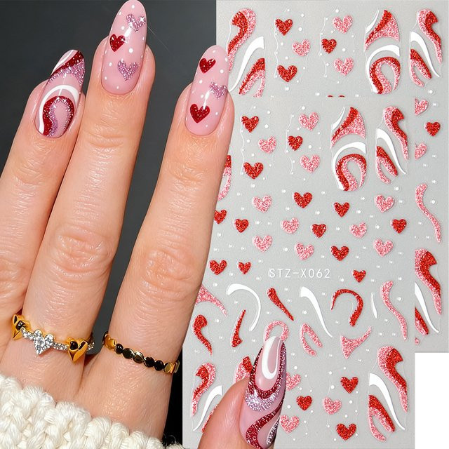 Full Beauty Nagelaufkleber, Glitzer-Herz, Rot-Rosa, Glänzend, 2 Stück - Bild 1