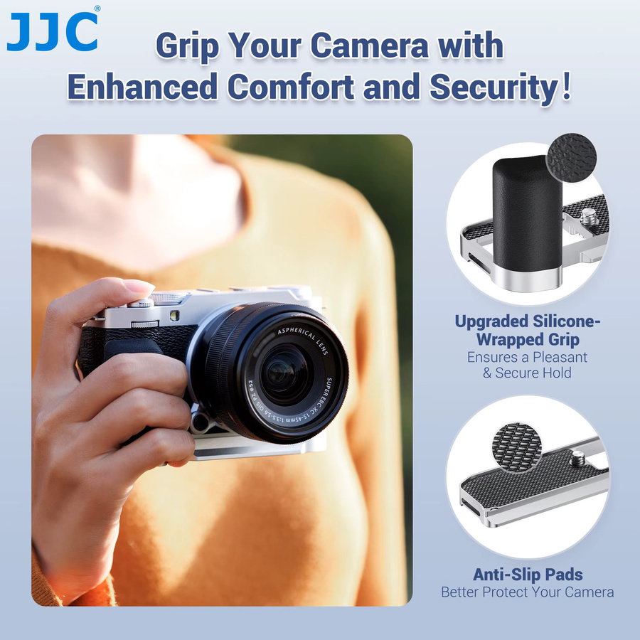 JJC L-förmiger Metall-Handgriff für Fujifilm X-M5 in Schwarz mit Arca Swiss Schnellwechselplatte und Silikon-Handgriff - Bild 2