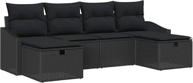6-tlg. vidaXL Garten-Sofa-Set aus Poly Rattan in Schwarz mit Kissen und Fußhockern - Bild 1