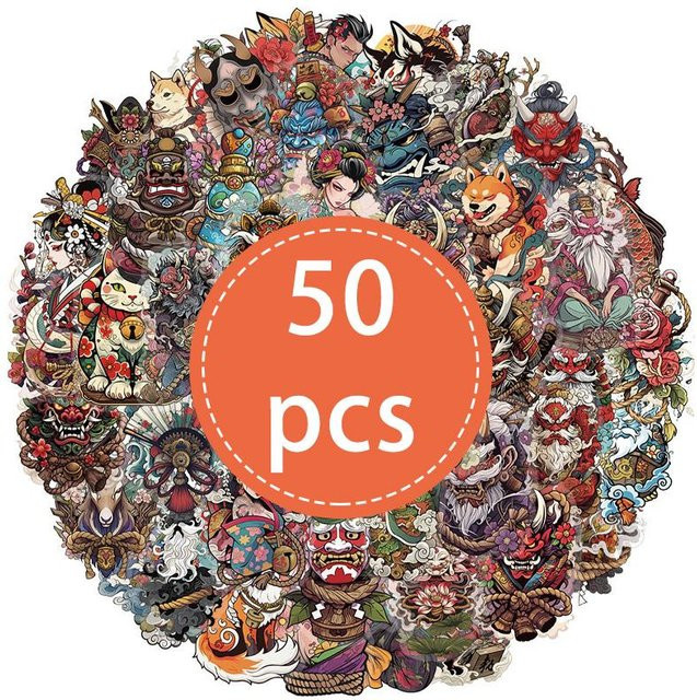 Japanische Kunstaufkleber Ukiyo-e Vintage, 50-teiliges Set, transparent, multicolor - Bild 1