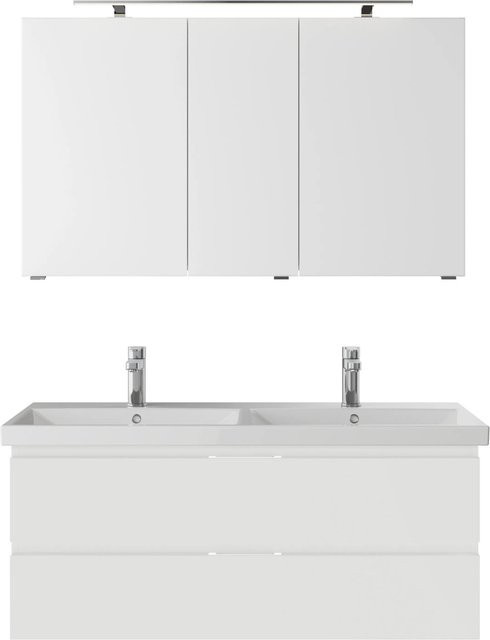 Pelipal Badmöbel-Set Serie 4035, 3-teilig, Weiß Glanz, mit Doppelwaschtisch, Waschtischunterschrank und Spiegelschrank mit LED-Beleuchtung, Breite: 120 cm - Bild 1