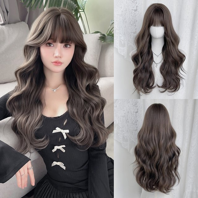 7JHH WIGS Perücke für Damen, braun, lang, gewellt, mit Pony - Bild 1