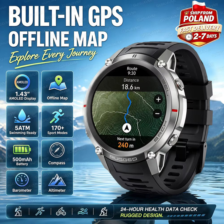 TAVYU Militär-GPS-Smartwatch für Männer mit 1,43 Zoll AMOLED Display, Bluetooth Anruffunktion, Kompass, 5ATM Wasserdicht, 500mAh Akku und 170+ Sportmodi, Schwarz - Bild 8